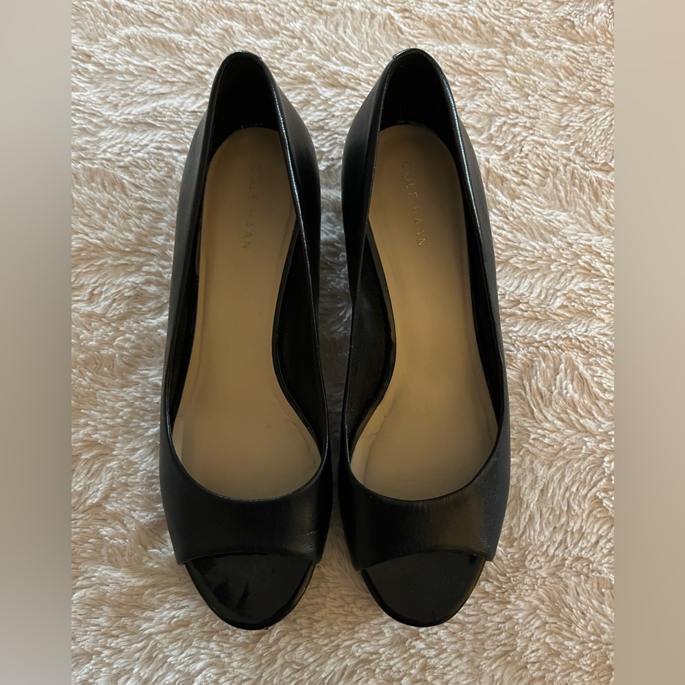 Cole Haan open toe wedge black pump